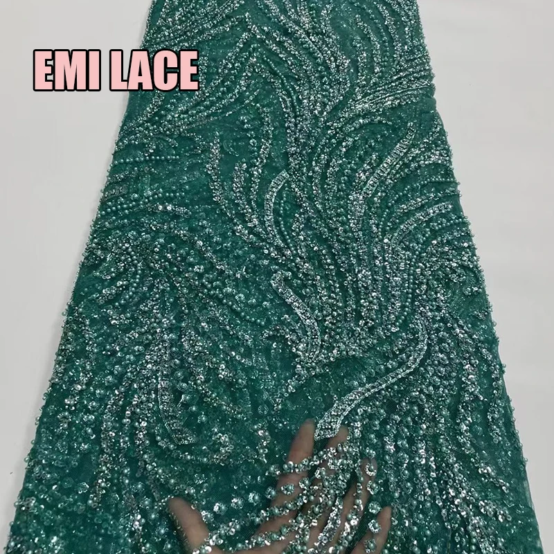 

High Quality Fashion 2022 African Tulle Embroidered Lace Fabric With Sequins Beads For Wedding Dress Party Sewing Bridal Green