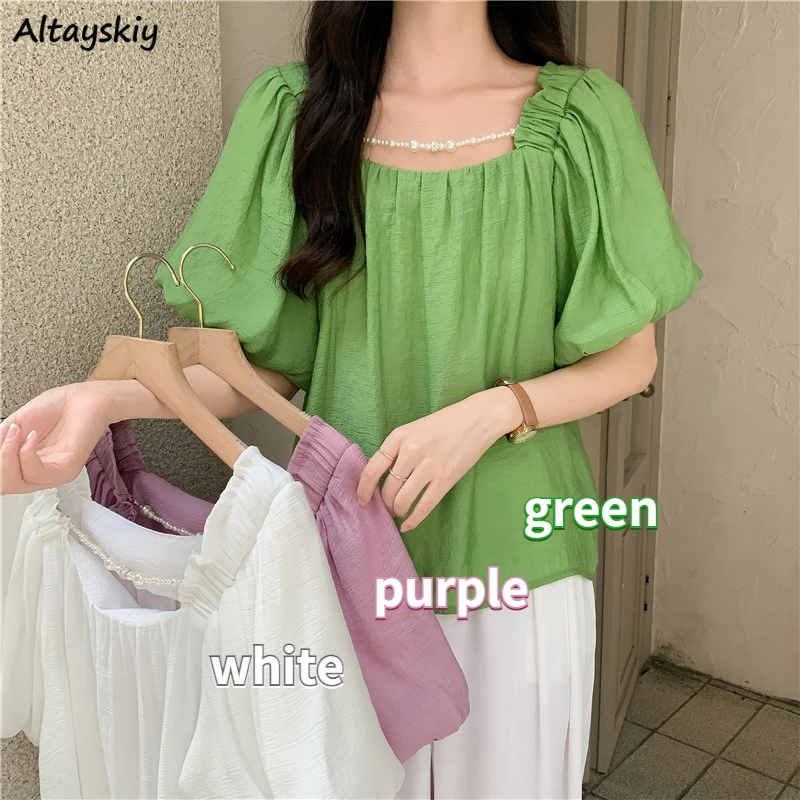 

Blouses Women Sweet Tender Folds Square Collar Puff Sleeve Summer New Fashion Temperament Loose All-match Korean Style Leisure