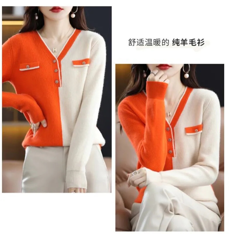 

Women's V-neck Knit Jumper With Color Pure Wool Long Sleeve Autumn/Winter Korean Edition Slim Casual Loose Top With Fake Pockets