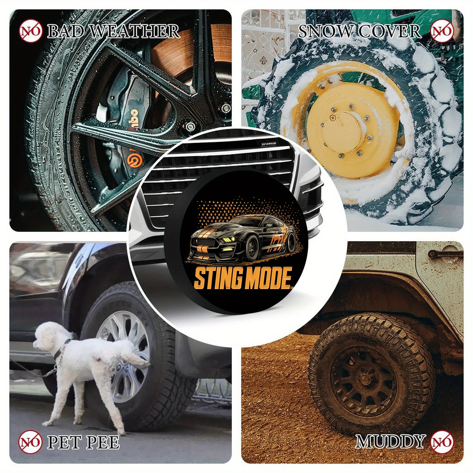 Фото Чехол для шин STING MODE, черно-оранжевый — дизайн для спортивных автомобилей с агрессивным выхлопом и спойлером, подходит для всех №2