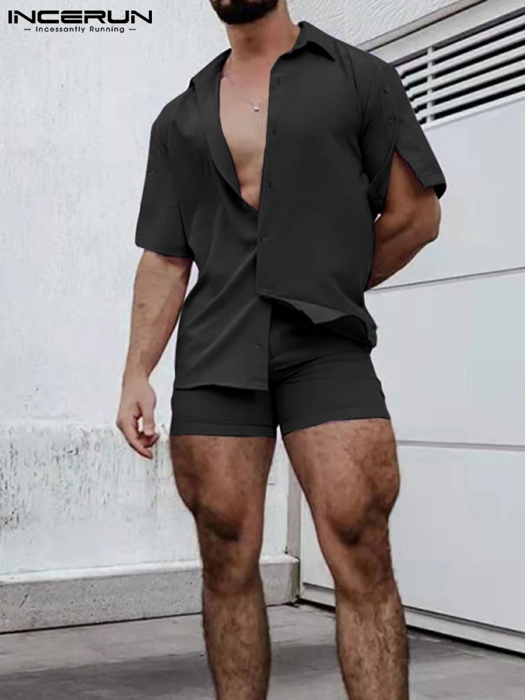 

Solid All-match Simple Men's Sets Sleeve Button Short Sleeve Shirt Elastic Waist Shorts Stylish Suit 2 Pieces S-5XL INCERUN 2022