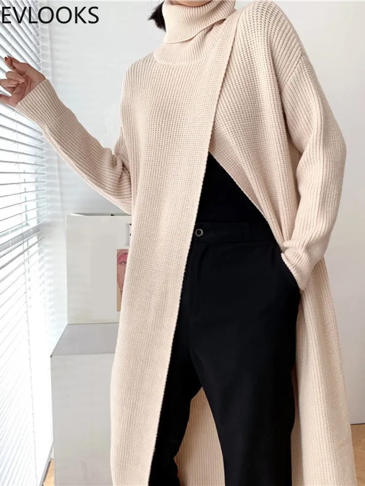 

EVLOOKS Vent Long Knitting Sweater Loose Fit Turtleneck Long Sleeve Women Pullovers New Fashion Tide Autumn Winter 2022