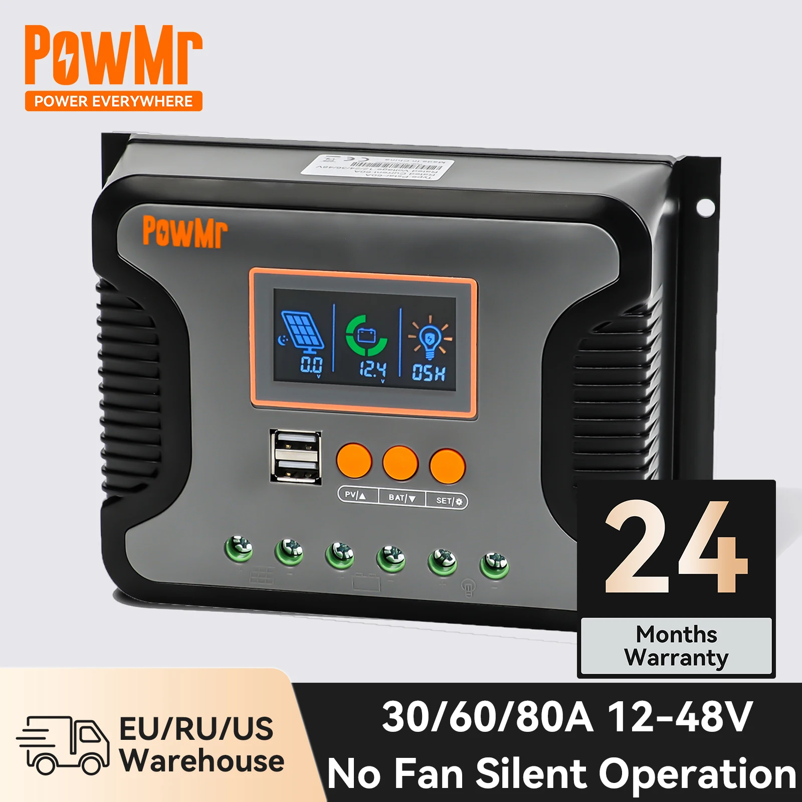 

PowMr PWM Solar Charge 30A 60A 80A Controller 12V 24V 36V 48V Lead-Acid Lithium User Battery Silent Operation Dual Control Mode