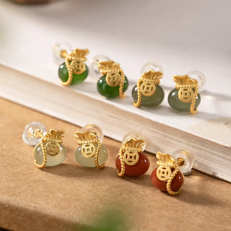 

Yilu Silver S925 Sterling Gold Plated Hotan Jade Blue White Personality Lucky Bag Money Earrings
