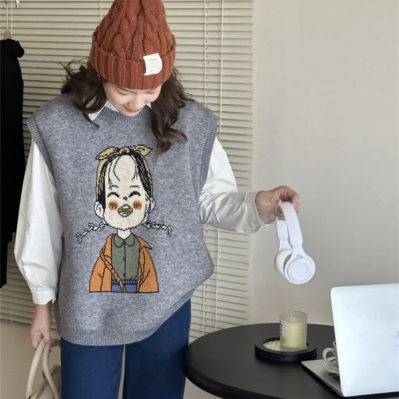 

Korean Version Loose O Neck Cartoon Knitted Women Vest Spring Autumn New Fashion Lazy Style Sweater Vest