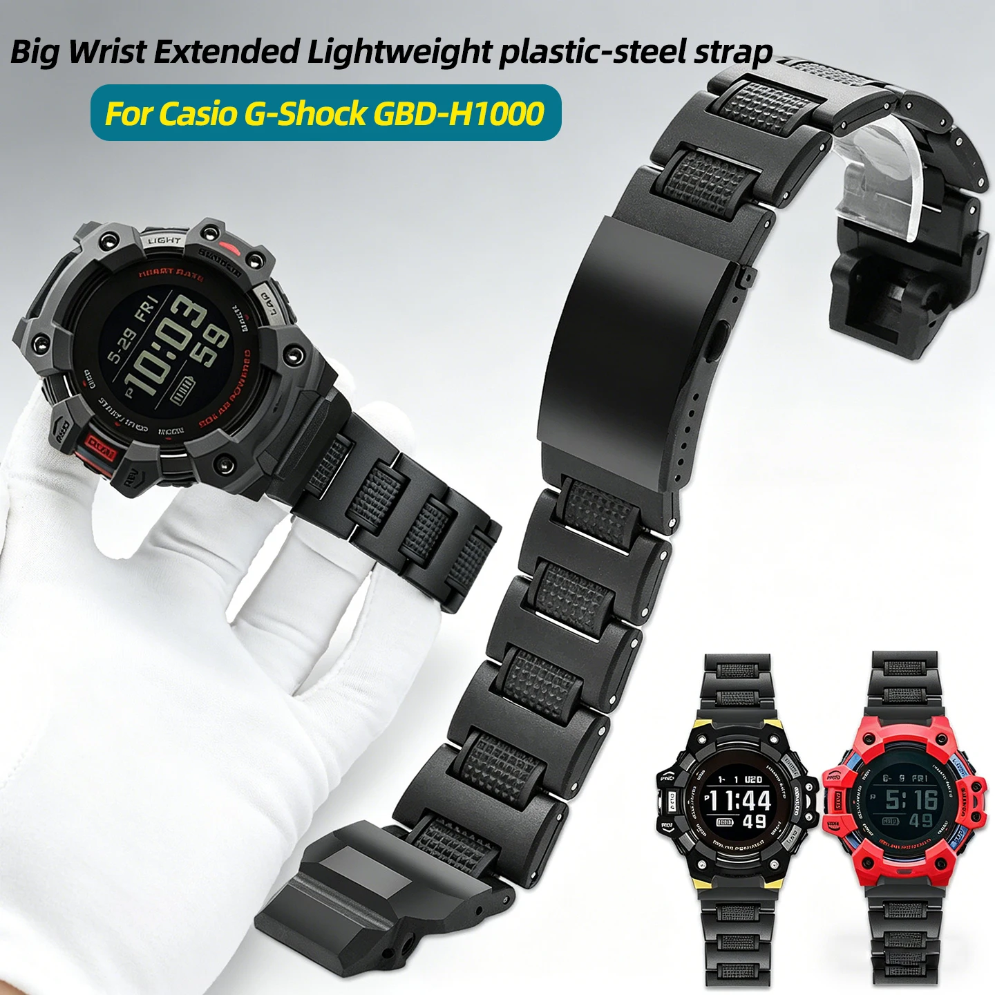 Фото Удлиненный легкий пластиково-стальной ремешок Big Wrist с адаптером для мужских часов Casio G-Shock GBD-H1000 3475, аксессуары для браслетов №1