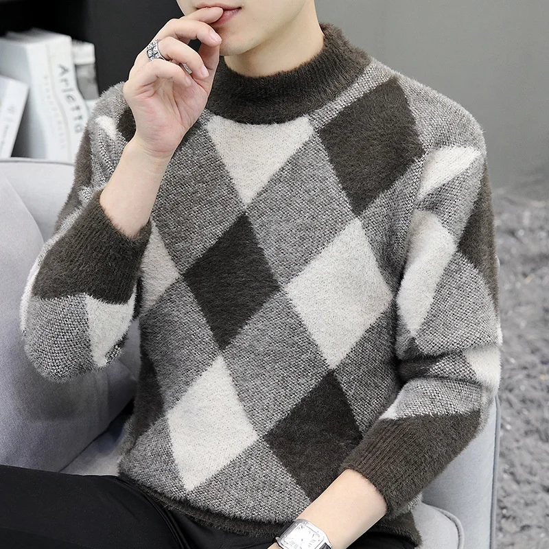 

Mens Knitted Sweater Round Neck Lattice Mens Pullover Slim Warm Bottoming Shirt Winter Fashion Pullover Men Suéter Los Hombres