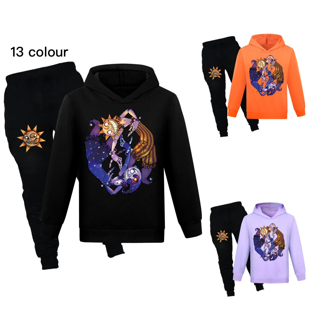 

Sundrop FNAF Sun clown Hoodies+Pants Suit for Teens Girl Boys Cartoon Anime Sweatshirt 2 Piece Set Fall Fashion Kids Clothes set
