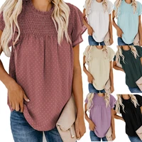 summer new solid color jacquard chiffon shirt womens loose round neck pullover short sleeved top t shirt lady