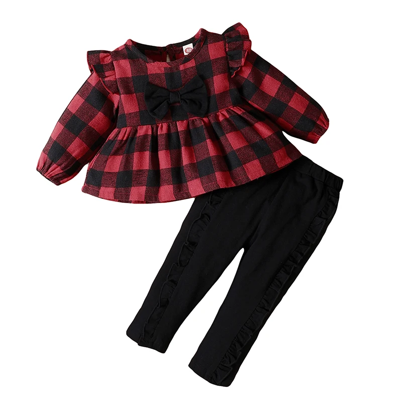 

Christmas Baby Girl 2Pcs Fall Clothes Set Long Sleeve Red Plaid Print Ruffle Tops + Solid Color Pants Fashion Outfits