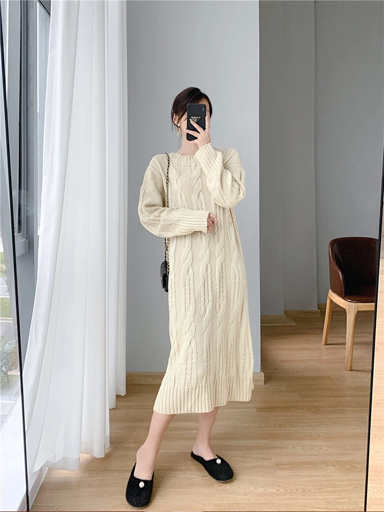 

Autumn Winter New Fried Dough Twist Pattern Woman Dress Round Neck Long Sleeve Longuette Casual Style Apricot A-line Skirt