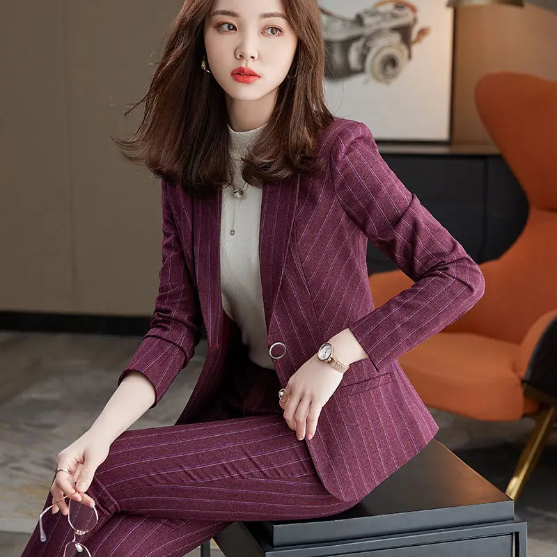 

New Work Fashion Pant Suits 2 Piece Set For Women Striped Blazer Jacket Trouser Office Business Suit Lady Suit Feminino L198