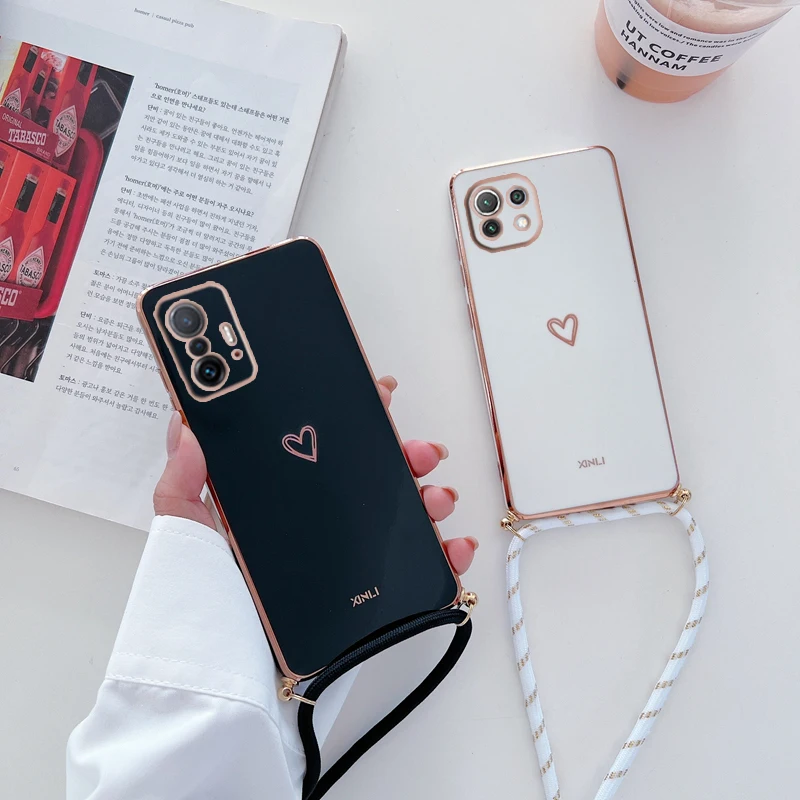 Love Heart Crossbody Lanyard Strap Plating Phone Case For Xiaomi Mi 11T Pro 9 10 Mi 11 Lite Mi11 11lite 11 T 10T 12T Pro Cover