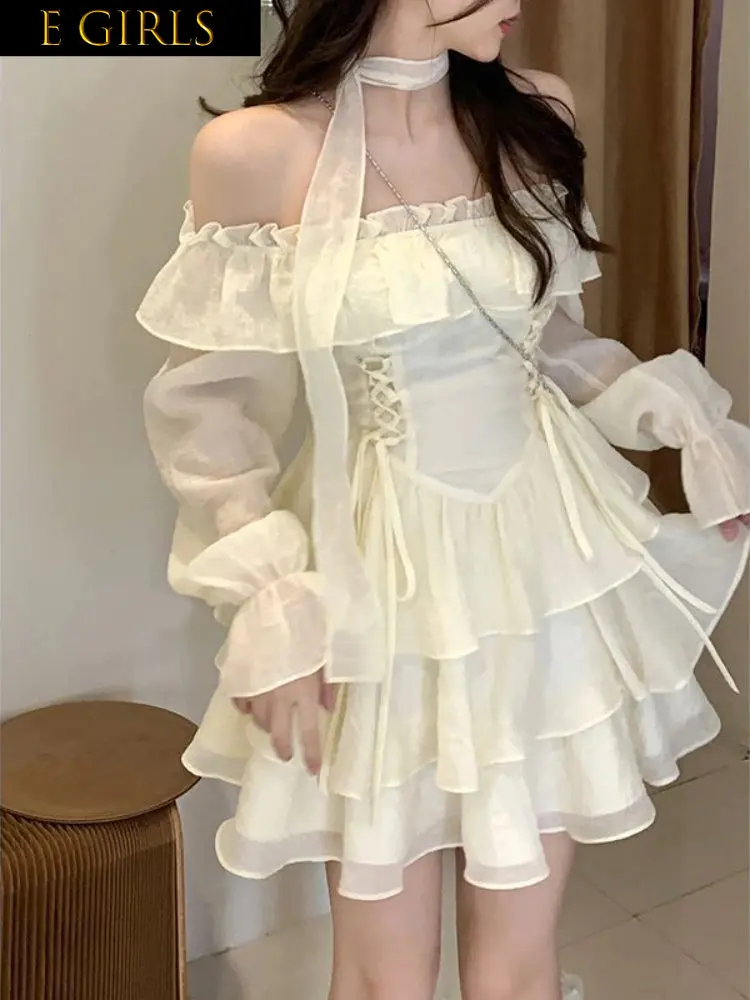 

Elegant Party Dresses For Women 2023Long Sleeve Elegant Mini Dress Lolita Pure Color Short Party Dress Woman Casual 2023 Spring