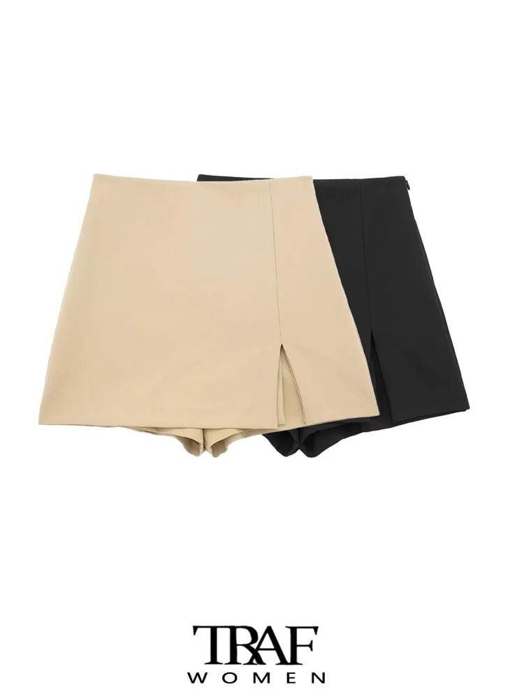 

TRAF Women Fashion Front Slit Shorts Skirts Vintage High Waist Side Zipper Female Skort Mujer