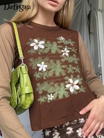 darlingaga harajuku y2k aesthetic floral printed brown autumn t shirts for women cute crew neck crop top patchwork kawaii tees