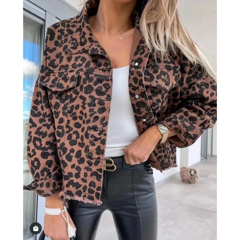 

2023 New Leopard Denim Jacket for Women Washed Old Tassel Denim Jacket Women Coats