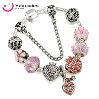 yexcodes peach heart key lock pendant bracelet with crown rhinestone beads charm bracelet ladies girlfriend jewelry gifts outlet