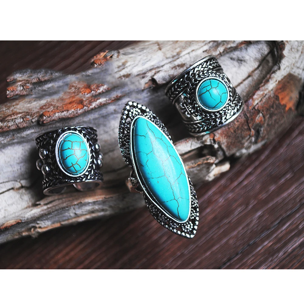 

Vintage Bohemian Horseeye Turquoise Stone Wide Ring for Women Vintage Exaggerated Thick Ring Ethnic Style Jewelry