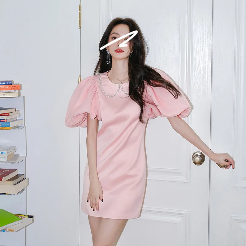 

New Fashion 2023 Women Summer Pater Pan Collar Puff Sleeve Embroidered Flares Diamonds Pink Casual Party Mini Dress