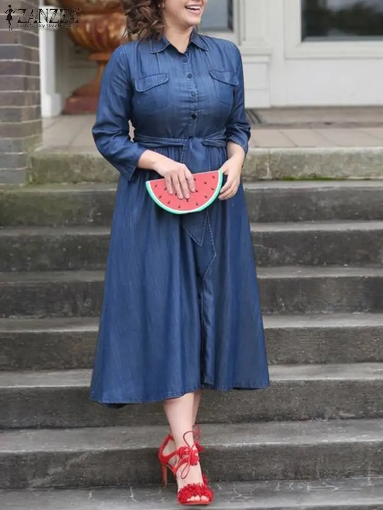 

Платье ZANZEA женское джинсовое средней длины, модный праздничный сарафан синего вечерние с рукавом 3/4, однотонный повседневный, с поясом, боль...