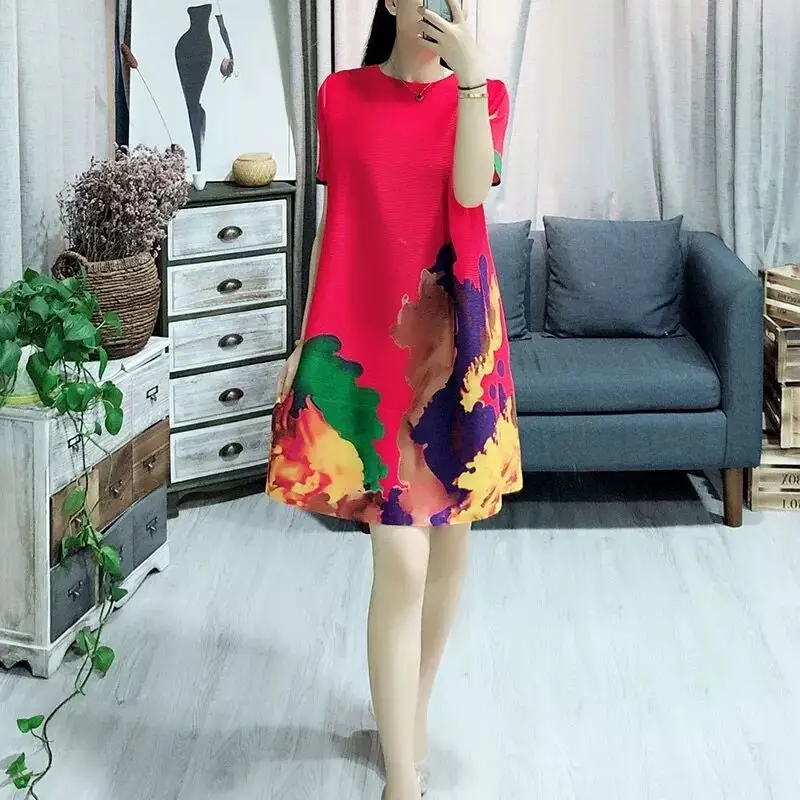 

Pleated dress 2021 summer new style ink painting fashion temperament loose age reducing belly