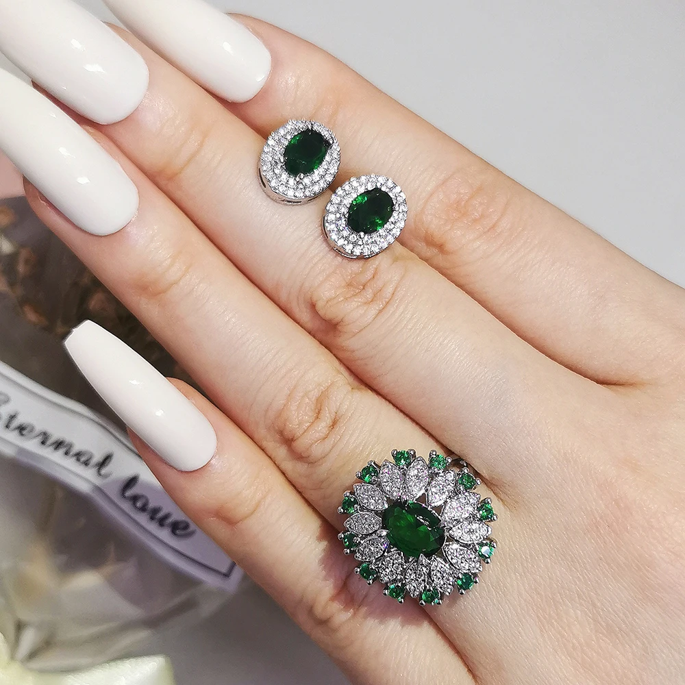 

2pcs Pack silver color bride Jewelry set halo Engagement ring round stud earring for Wedding christmas Day gift J7247