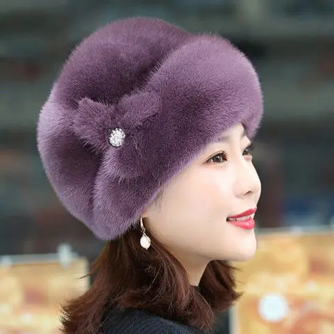 Faux Mink Fur Beanie Hat Woman Winter Wool-like Cap Russia Ladies Rhinestone Fury Elegant Thick Warm Snow Caps 2023 Fashion