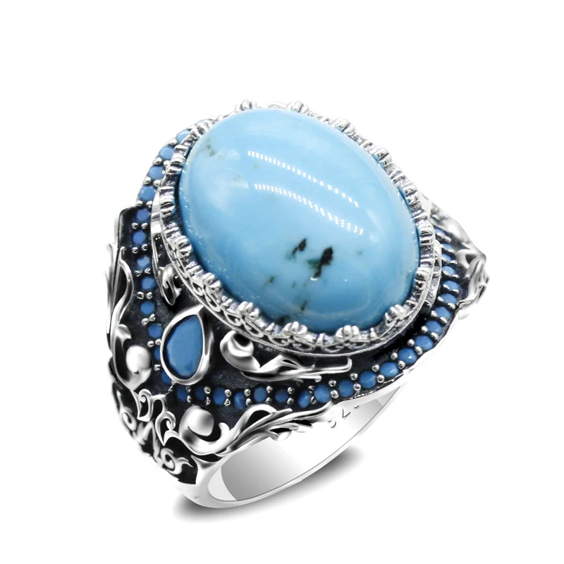

S925 Sterling Silver Men's Ring Set Round Turquoise Turkish Handmade Vintage Punk Fashion Jewelry Everyday Wear Father's Day Gif