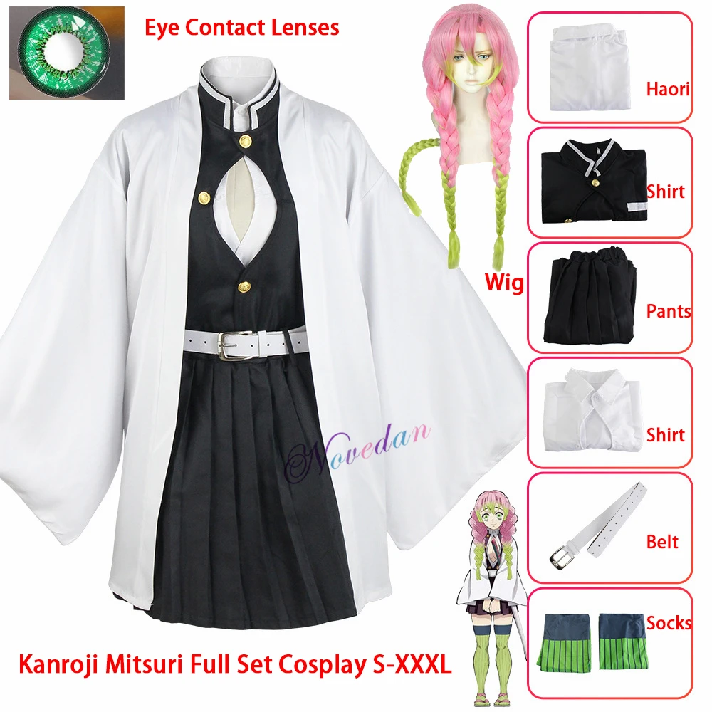 Anime Demon Slayer Kimetsu no Yaiba Kanroji Mitsuri Cosplay Costume Women Sexy Kimono Dress Wig