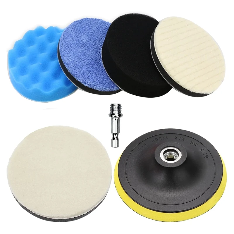 

GTBL 5 Inch Wool Polishing Buffing Pads Kit, 7 Pcs Waxing Buffing Polishing Sponge With M14 Drill Adapter