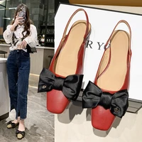 2022 popular spring new baotou soft leather sandals fairy style square head bow womens shoes wine red back empty shoes women