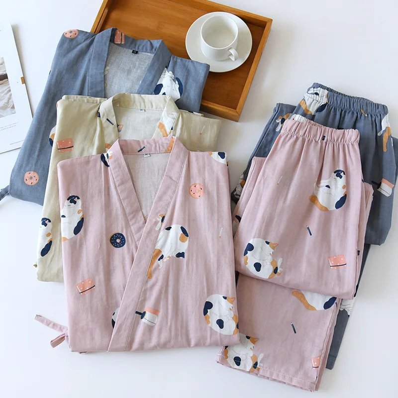 New Japanese-style kimono two-piece couple pajamas cover men and women pure cotton gauze cute kitten thin home service plus size