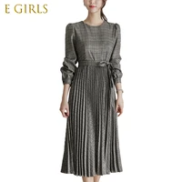 e girls spring and autumn korean feeling of the new long sleeved skirt fashion pleated full length dress office party slim