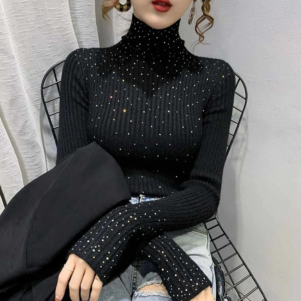 

Fall Winter European Clothes Knitted Turtleneck Thick Sweater Fashion Sexy Shiny Dimaonds Women Pullover 2023 New