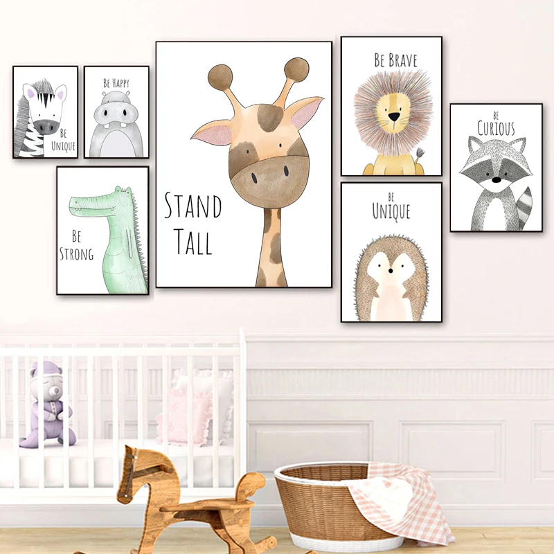 

Nursery Cartoon Animal Wall Art Poster and Print Nordic Lion Dinosaur Giraffe Zebra Canvas Painting Pictures for Baby Room Decor