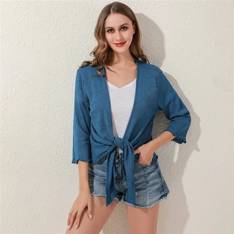 

Sunscreen Airable Shirts Spring Summer Chiffon Cardigan Female Knot Thin Simple Solid Color Short Section All-Match Lady Shirt