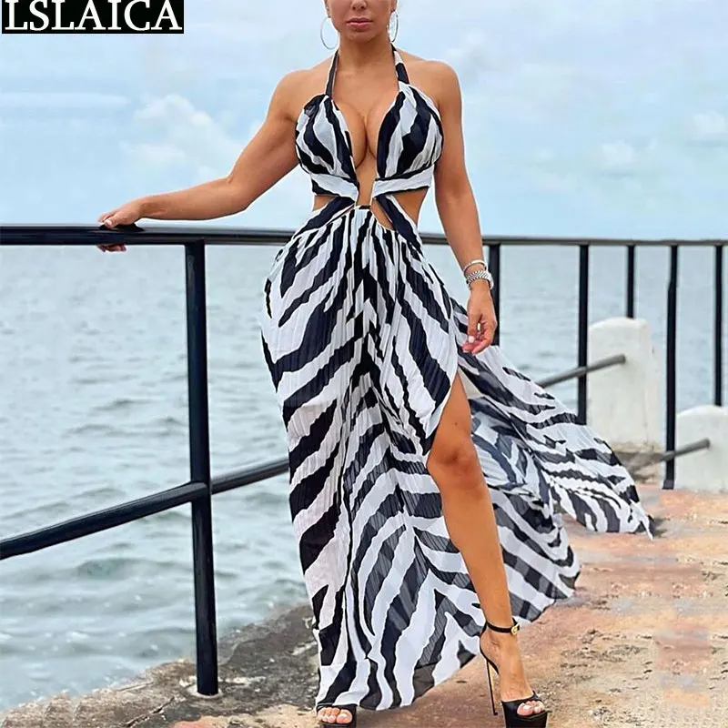 

Dresses For Woman In The World Fashion 2022 Elegant Party Night Club Hem Split Sexy Halter Dress Zebra Print Summer Beach Style