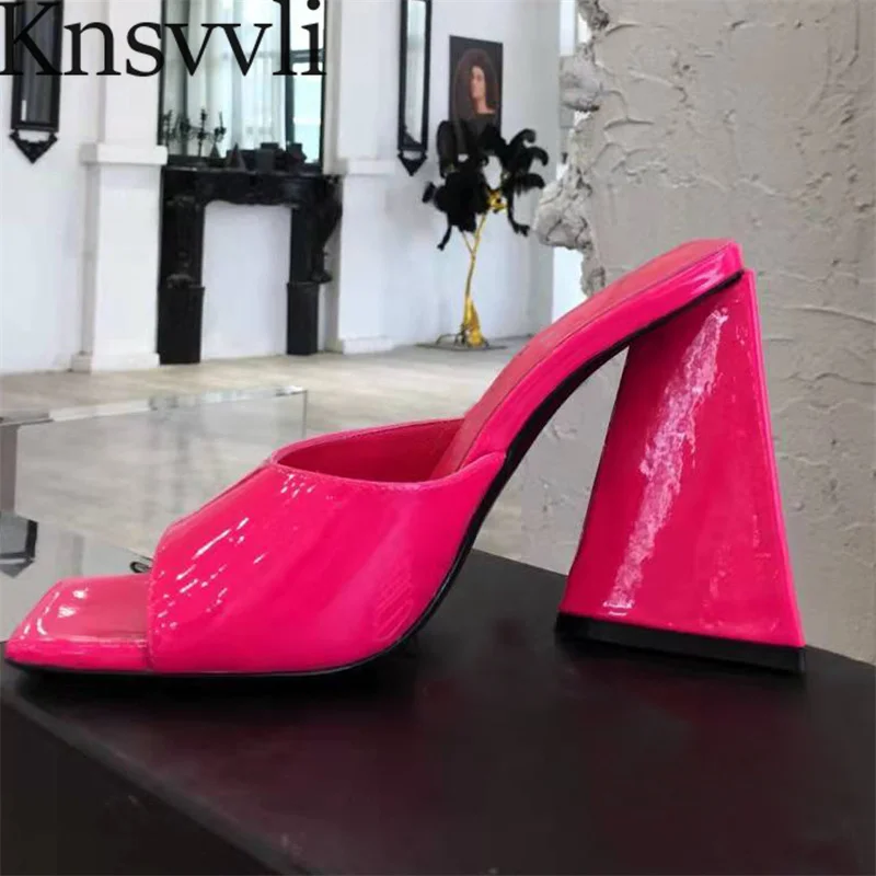 

Fashion Patent Leather High Heels Slippers Women Satin Peep Toe Slides Female Square Toe Strange Style Heel Mules Shoes Woman