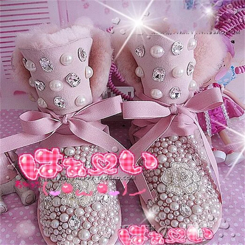 

Crystal handmade custom pearl gem snow boots flat bottom fantasy princess mid-tube women's boots large size 35-44