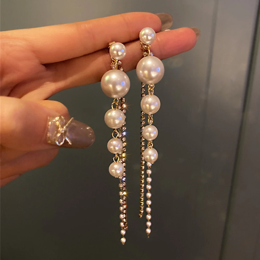 Купи 2023 Fashion Full Crystal Simulated Pearl Tassel Drop Earrings For Women Vintage Gold Color Long Dangle Earrings Luxury Jewelry за 202 рублей в магазине AliExpress