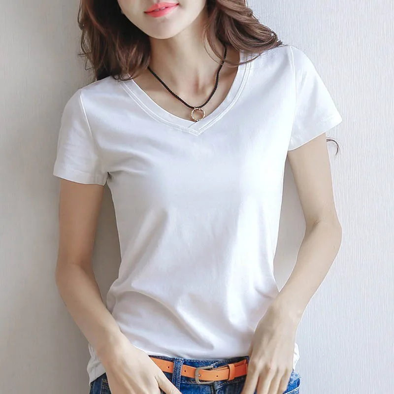 

2022 Summer Short Sleeve T Shirt Women Soft Slim Thin Top Hot Sale Solid Casual Daily T-Shirt V-neck Tees Basic Office Lady