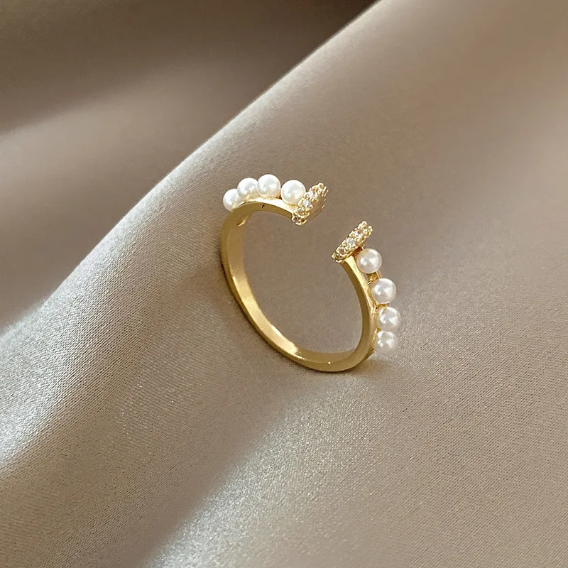 

Vintage Pearl Adjustable Rings For Women Fashion Metal Gold Plated Zircon Opening Finger Ring Girls Wedding Party Jewelry Gift
