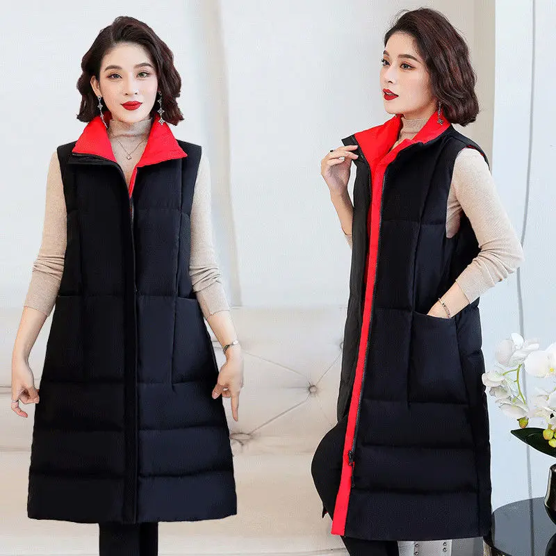 

Double Side Vest Office Loose Stand Collar Down Cotton Vest Women Waistcoat Sleeveless Jacket Autumn Winter Female Coat T24