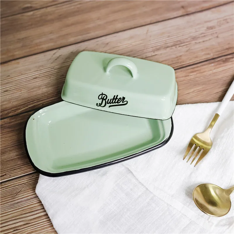 

Europe style Retro Nostalgic Enamel With Lid Snack Tray Home Kitchen Tableware Butter Box Cheese Storage Box cheese plate