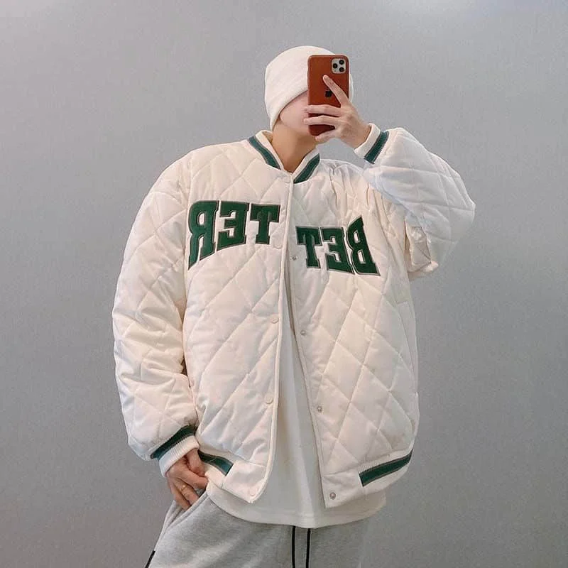 

Baseball Collar Cotton Jacket Men Winter Diamond Check Coat Korean Trend Couple Wear Padded Jacket Thicken Warm High Street Tops