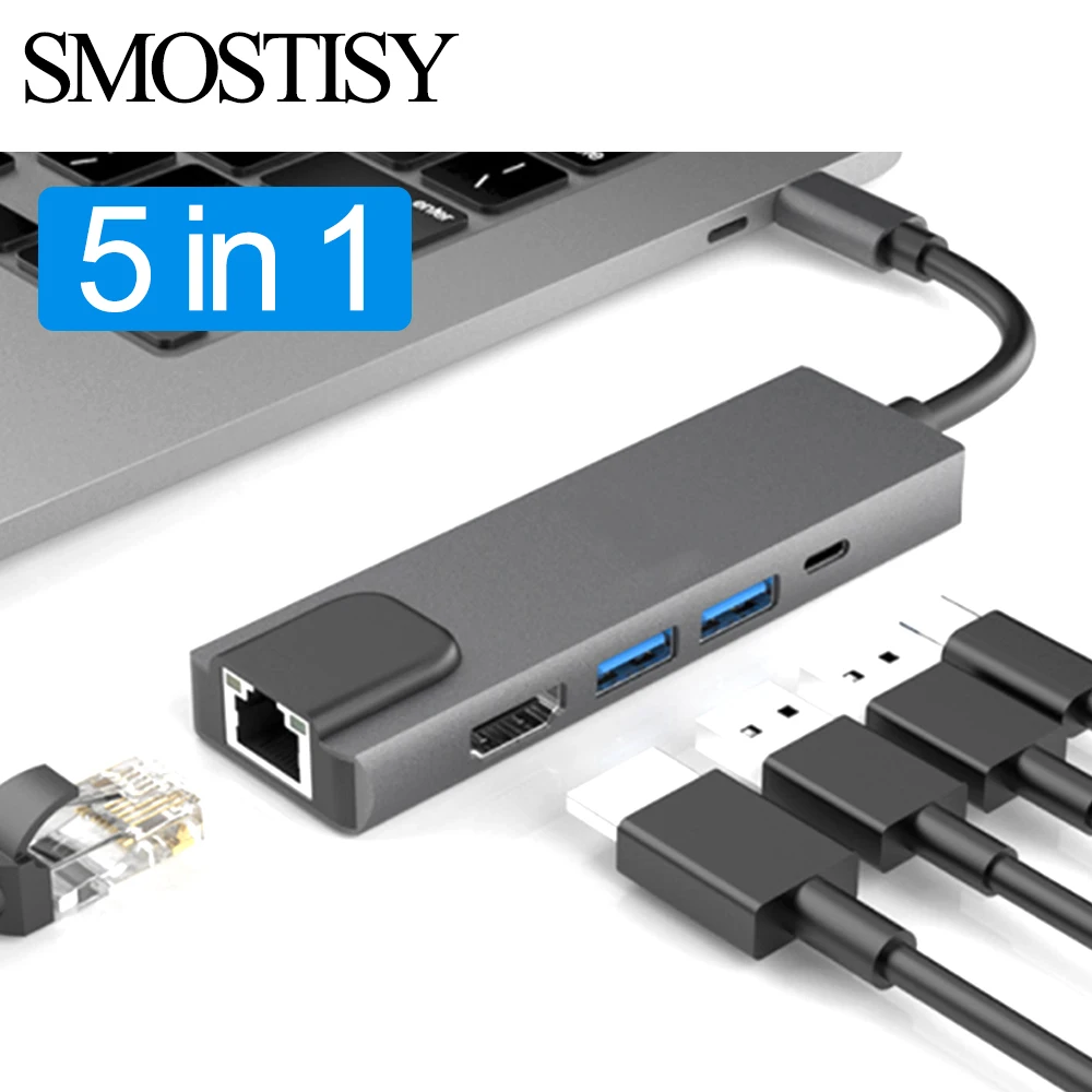 5 in 1 USB C Hub Type C Adapter USB 3.0 HDMI USB C Dock Station RJ45 PD Charge SD Reader Witch Splitter For Macbook Pro Laptop