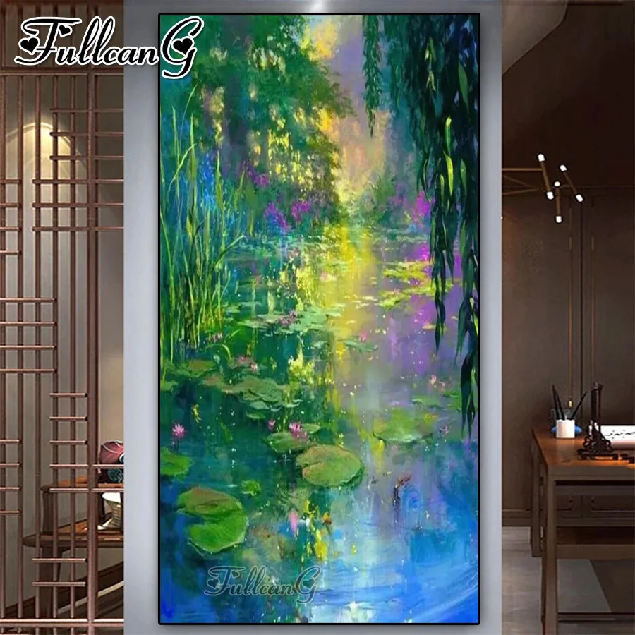 

large diy diamond painting cross stitch abstract lotus pond water lily mosaic embroidery landscape rhinestone pictures AA4036