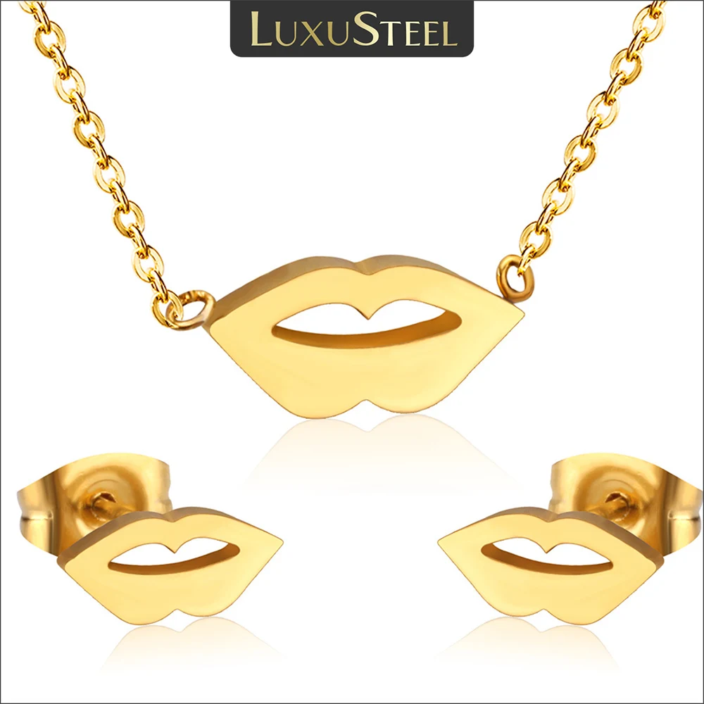 

LUXUSTEEL Mouth Shape Pendant Necklace Jewelry Sets For Women Men Stainless Steel New Trend Lips Sets Party Gifts Wholesale