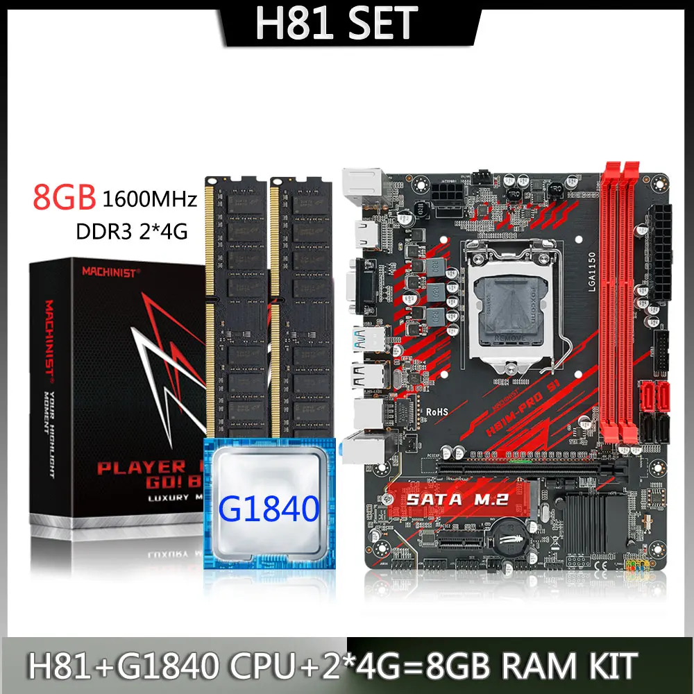 

MACHINIST H81 комплект материнской платы Whit G1840 ЦП LGA 1150 DDR3 ОЗУ 2*4G = 8 Гб 1600 МГц комплект памяти NGFF M.2 слот VGA USB 3,0